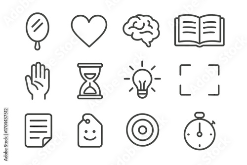 Introspection Tools Icons. Line style icons of introspection tools: mirror, heart symbol, brain line, paper journal; peaceful hand