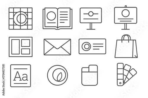 Business Branding Icons. Line style icons of business branding: logo grid, brand book, stationery, slogan board; moodboard,