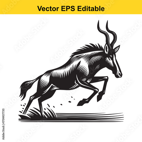 Vector art of black and white illustration of a wildebeest jumping