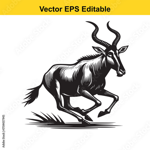 Vector art of black and white illustration of a wildebeest running
