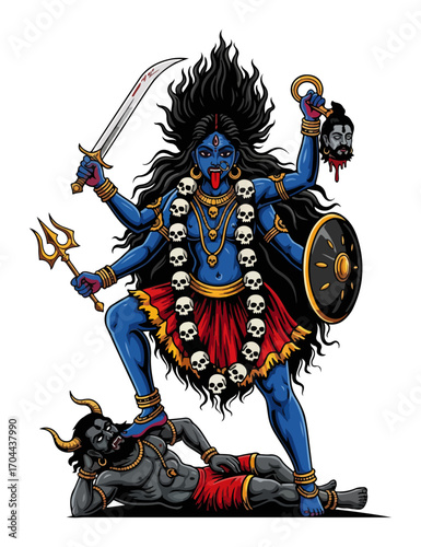 Fierce Hindu Goddess Kali in a Traditional Illustration Style