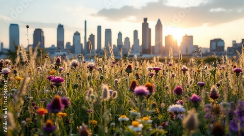 Wildflower meadow foreground with a blurred sunset city skyline background. Nature meets urban landscape. Concept of ecological balance and green initiatives.