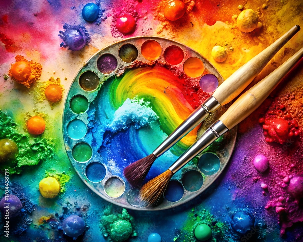 Fototapeta premium Vibrant Rainbow Palette with Paintbrushes Surrounded by Colorful Paint Splatters