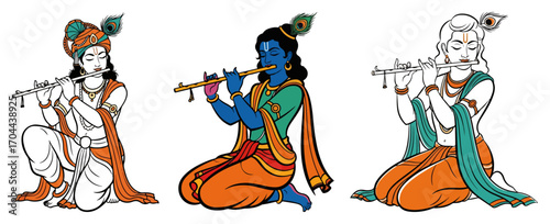 Vector Set of Lord Krishna Playing the Flute Illustrations