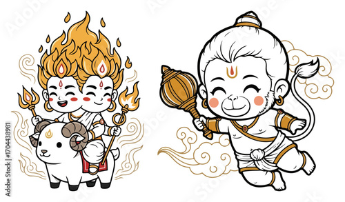 Cute Hindu Gods Agni and Hanuman in Chibi Style