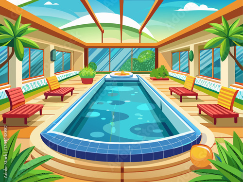 A high-quality vector illustration of a spa swimming pool hall with relaxing design, isolated on a white background
