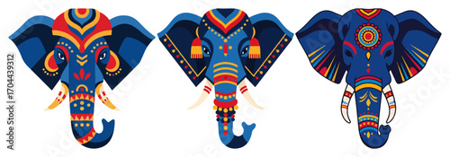 Set of Decorated Indian Elephant Heads with Ethnic Ornaments