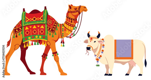 Decorated Indian Camel and Sacred Nandi Cow Vector Set