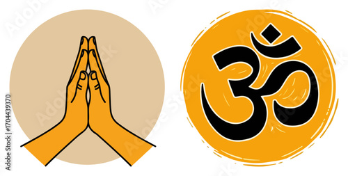 Spiritual Hindu Icons with Om Symbol and Namaste Gesture
