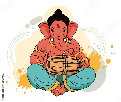 Lord Ganesha Playing a Dholak Drum with an Abstract Background