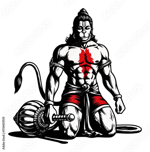 Powerful Hindu God Hanuman Kneeling with a Mace