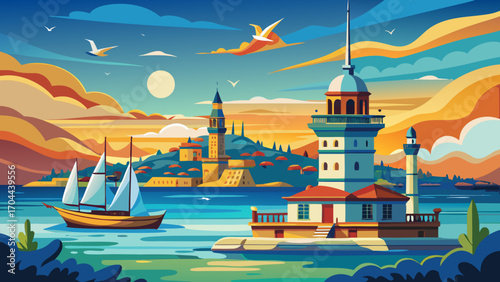 a majestic sunset over the bosphorus strait in-istanbul