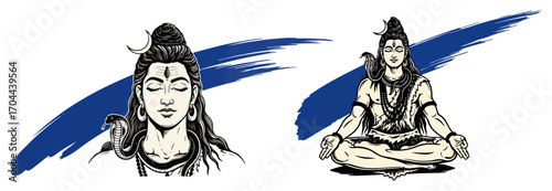 Set of Meditating Lord Shiva Hand Drawn Vector Illustrations