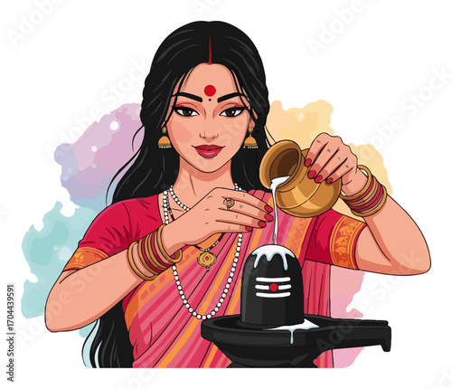 Indian Woman Performing Abhishekam Ritual on Shiva Lingam