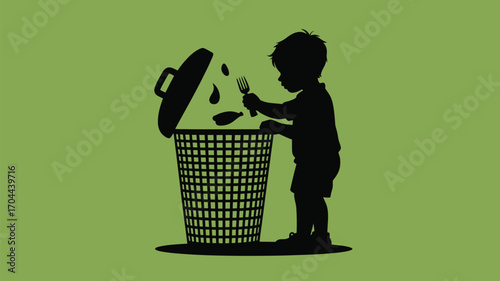 Little kid throwing away food leftovers with a fork, promoting zero waste and environmental awareness