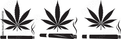 Three cannabis leaves and marijuana joints in a stark black silhouette