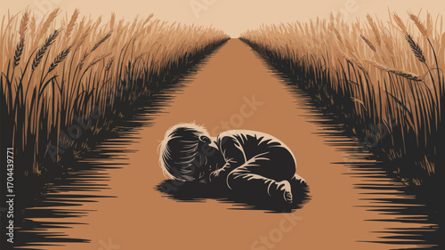 Dreamy slumber in golden wheat fields inspires nostalgic feelings of childhood wonder and peace