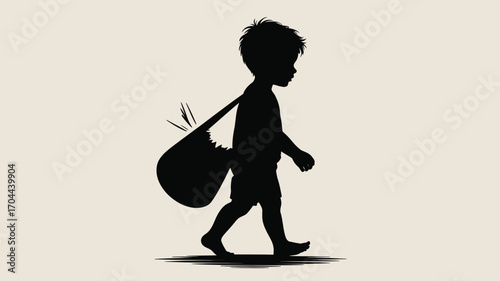 Silhouette of a boy with a sack walking with determination and simple background for editorial use