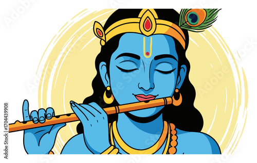 Lord Krishna Playing a Flute in a Beautiful Vector Portrait