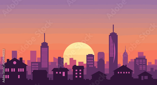 Vibrant Cityscape Silhouette Against a Warm Sunset Sky Digital Art