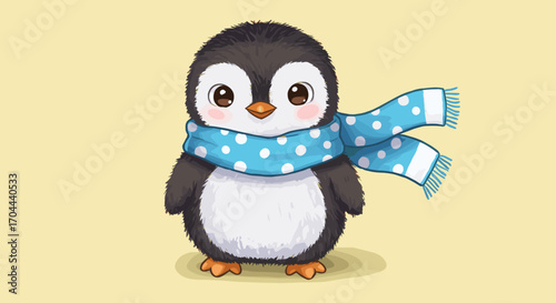 Cute Cartoon Penguin Wearing a Blue Polka Dot Scarf Isolated on Light Yellow Background