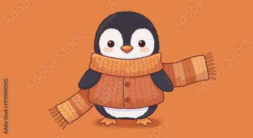 Cute cartoon penguin wearing a warm orange sweater and scarf on an orange background