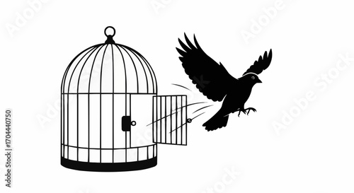 Vector art of a bird flying out of an open cage, symbolizing freedom, escape, and liberation