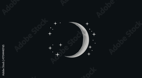 Crescent Moon Illuminated by Soft Light Surrounded by Twinkling Stars in Dark Night Sky