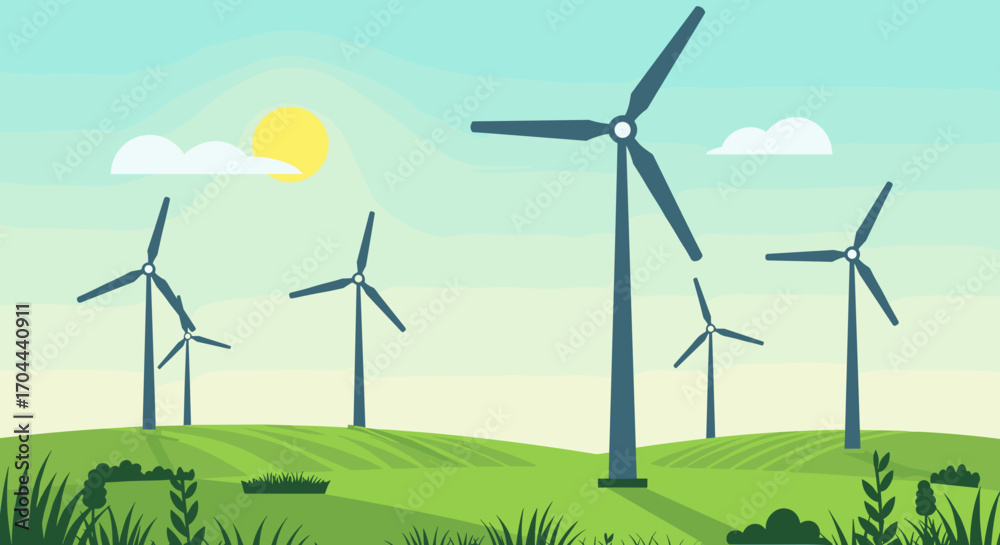 Fototapeta premium Wind Turbines In A Green Field Under A Sunny Sky Representing Renewable Energy And Sustainable Power Generation