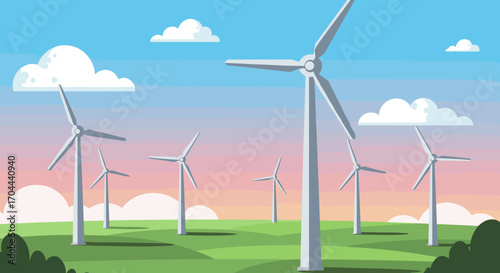 Green energy wind turbines in a field under a colorful sky with clouds and blue sky and sunshine cartoon illustration