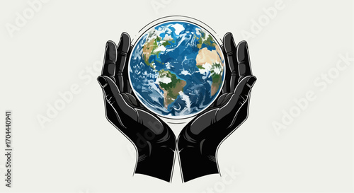 Vector art of two hands, one black and one white, carefully cradling planet earth, representing unity, global cooperation, and shared stewardship of our planet, isolated on a light background