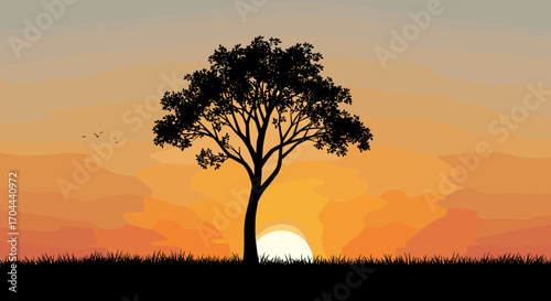 Lone Tree Silhouette Against Golden Sunset Over Grassy Field Beautiful Nature Landscape Serene Evening Sky Peaceful Horizon