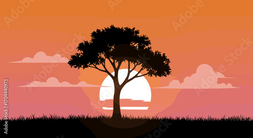 Serene African Sunset Silhouette of a Majestic Acacia Tree Against a Vibrant Gradient Sky with Fluffy Clouds and Tall Grass in the Foreground