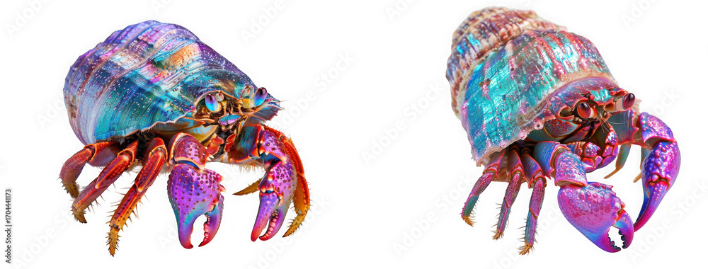 Fototapeta premium Two colorful hermit crabs isolated on transparent background, showcasing their vibrant shells and intricate details, creating a captivating image of marine life