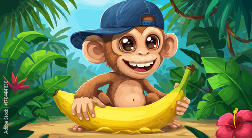 Adorable Cartoon Monkey Holding Large Banana in Tropical Jungle Rainforest Setting