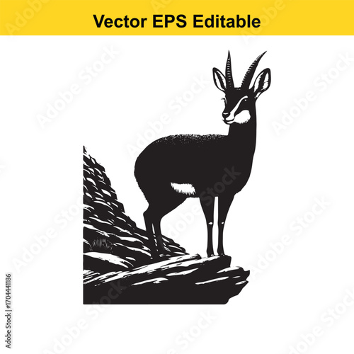 Vector art of black silhouette of a chamois standing on a rocky cliff