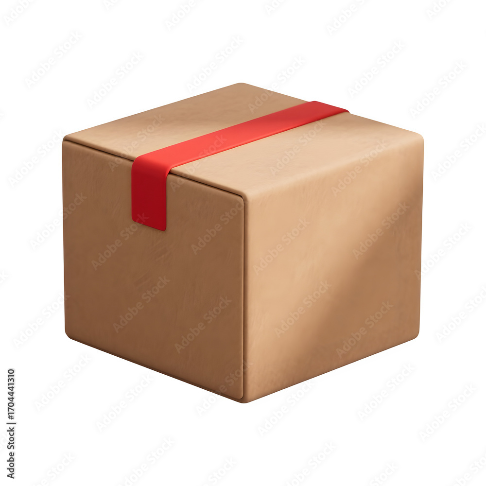 Fototapeta premium A realistic 3D rendering of a cardboard shipping box with a red ribbon secured with tape isolated on a transparent background