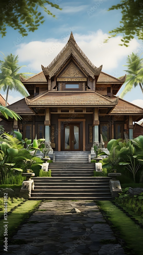 Fototapeta premium Exotic architectural harmony: tropical retreat blends seamlessly with lush natural environment
