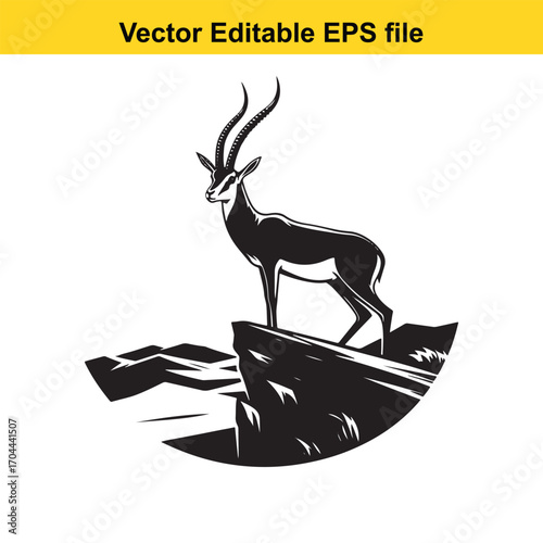 Vector art of black and white illustration of a gazelle standing on a rocky outcrop