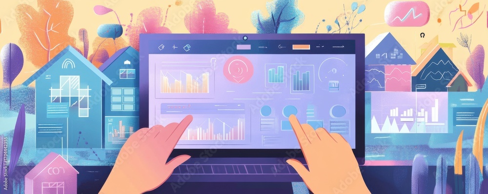 Obraz premium Hands using a digital system with data graphics and homes in the background