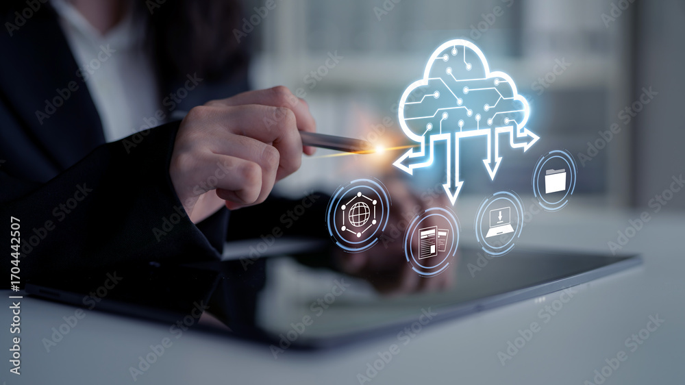 Naklejka premium Cloud computing enables digital growth with secure data storage, scalable infrastructure, and strategic cloud-based business solutions. Latch