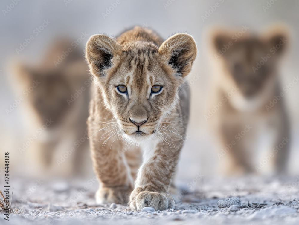 Obraz premium Close-up of a young lion cub walking forward with intense eyes while two other cubs follow closely behind on a sandy ground in soft sunlight