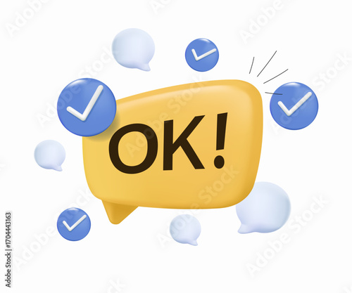 OK speech bubble. OK text tag. Done mark, yes or correct sign. Approved okay message. Done or Good deal symbol. Okay