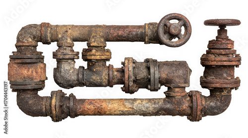 Rusty pipes isolated on transparent background old metal water pipe with rust and corrosion industrial plumbing equipment with valve and connection