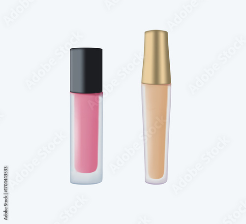 Cosmetics like concealer, blush, lip gloss, tonal cream, lipstick supplies and skincare treatment 3D render vector
