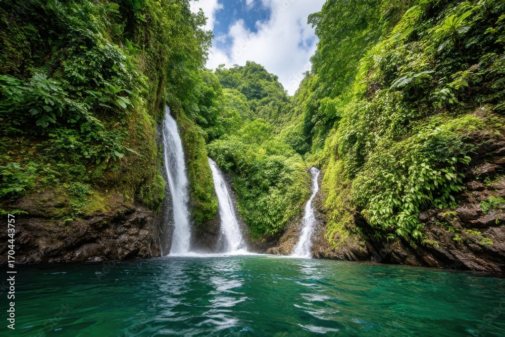 Fototapeta premium A stunning waterfall flows between dense green vegetation, with clear turquoise water reflecting the surrounding lush landscape, creating a peaceful and inviting scene
