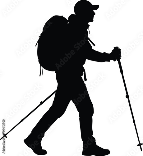 Vector art of silhouette of a hiker with backpack and poles walking