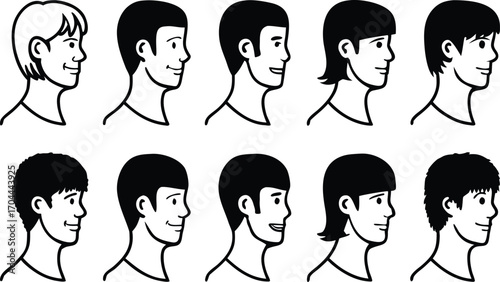 Diverse Men's Hairstyle Collection Line Art Black and White Graphics