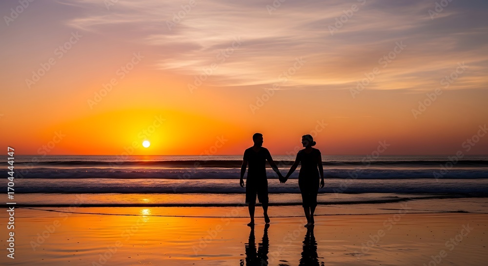 Fototapeta premium A couple stands hand-in-hand on a beach, watching a vibrant sunset paint the sky with warm hues.