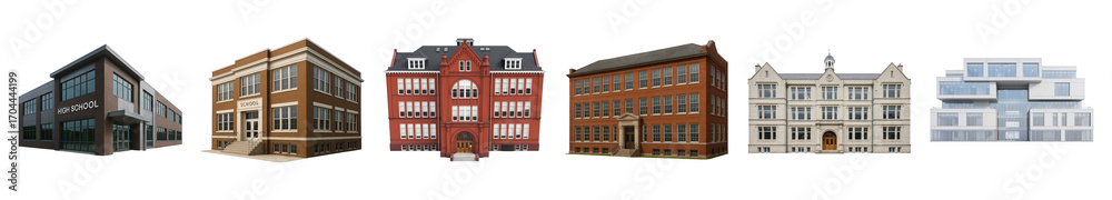 Obraz premium School building set including modern, classic, and historic architectural styles isolated. Education and campus collection.